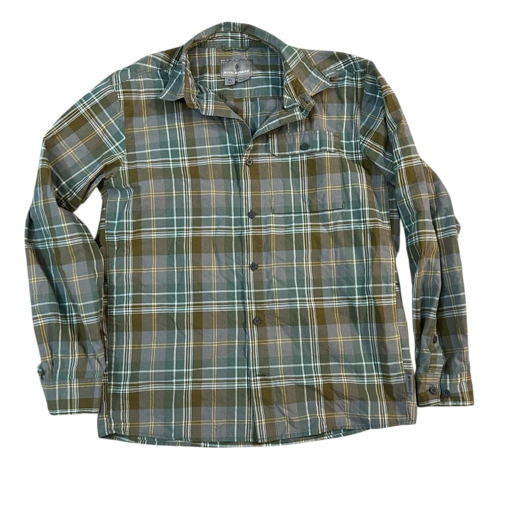 Royal Robbins Plaid Button Up Shirt Mens XL Green Brown Gorp Hiking Vacation